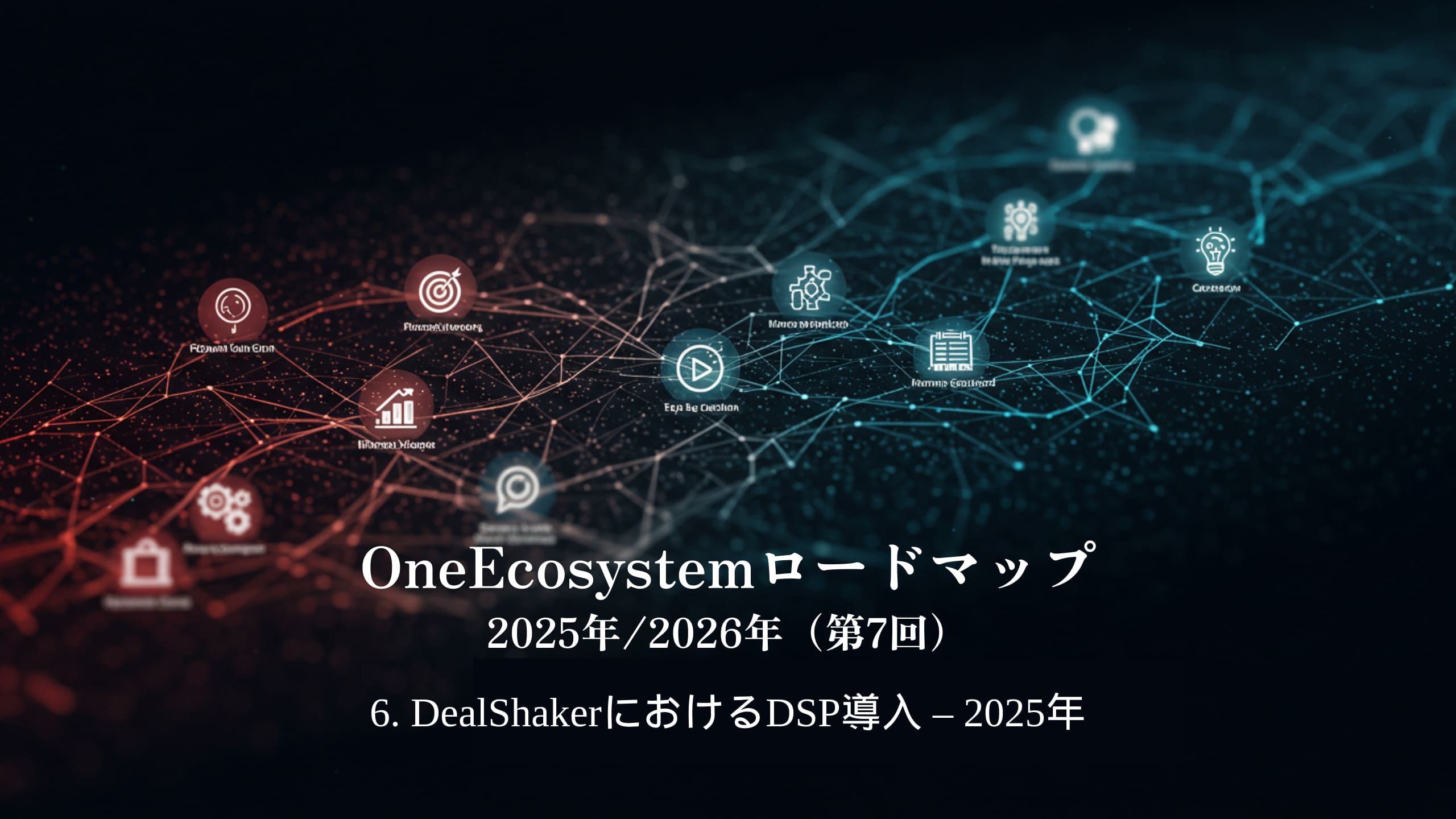 Синій і червоний градієнти виділяють японський текст: «Roadmap OneEcosystem 2025/2026 (7th)6. Впровадження DSP в DealShaker - 2025.