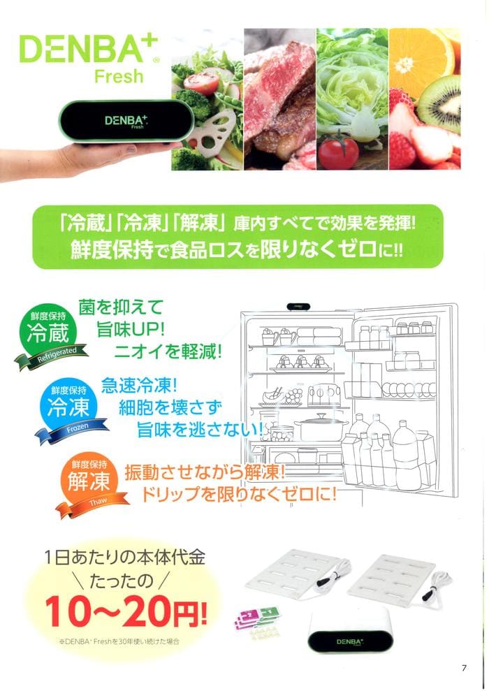 冷蔵庫用追加スペース生成装置「DENBA+ Fresh」（高陽社）の日本の広告では、家庭用冷蔵庫の内部で静電波を発生させるという独自の技術が紹介されています。 この広告では、鮮度保持、消臭、コスト削減といったメリットを、カラフルなテキストや図解を用いて紹介し、DENBA+ Fresh独自の技術によって食品の鮮度を維持する効果を強調しています。.