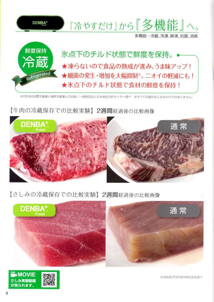 3枚の画像は、DENBA+ Freshの独自技術（高陽社の空間電位発生装置で、一般的な家庭用冷蔵庫内で静電波を放射するもの）を用いて保存した生牛肉とマグロを、従来の保存方法と比較したものです。 静電波の発生を利用して食品の鮮度を維持する「DENBA+ Fresh」で保存されたサンプルは、明らかに新鮮で、しっとりとしているように見えます。対照的に、この技術を使用せずに保存されたサンプルは乾燥しているように見えます。日本語と英語のテキストでは、高陽社のこの冷蔵庫用アタッチメントが提供する先進的な保存機能について解説しています。.